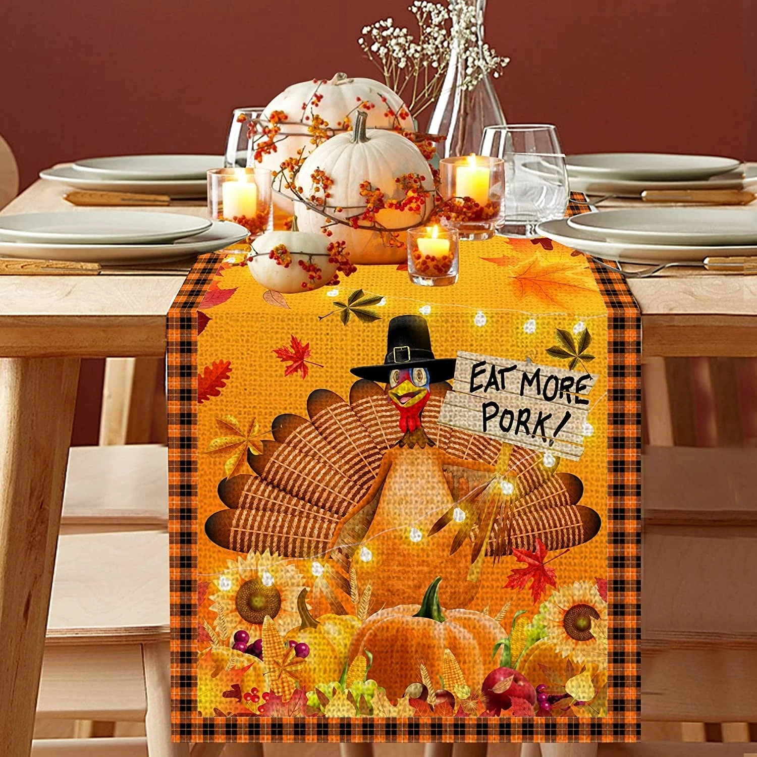 Thanksgiving Turkey Pumpkin Linen Table Runners Kitchen Table Decor Reusable Table Runners for Dining Table Party Decorations