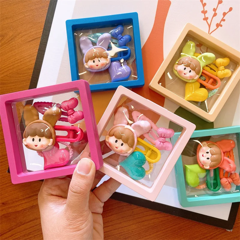 South Korea Cute Early Autumn New Cute Cartoon Character Rabbit Ear Hat Hairpin Girl Hair Rope Resin 3-piece Set