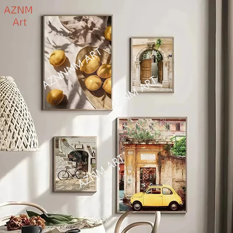 1PC Vintage Italian Town Lemon Orange Harvest Poster Prints Canvas Painting Home Garden Plants Car Bike Interior Decor Wall Art