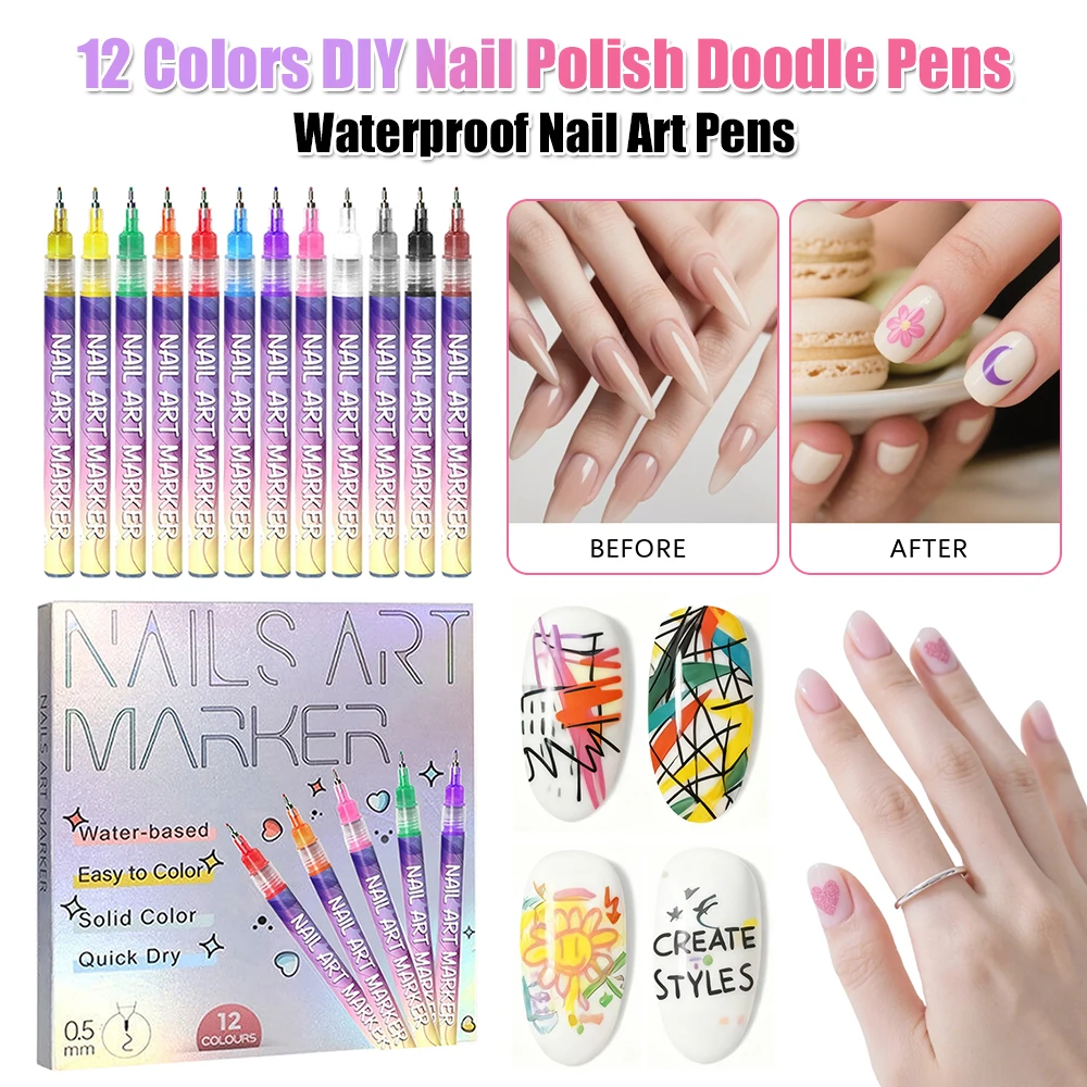 

12 Colors Nail Art Pens Set DIY Quick Dry Graffiti Dotting Point Liner Pens for Painting Nails Art Drawing Tool