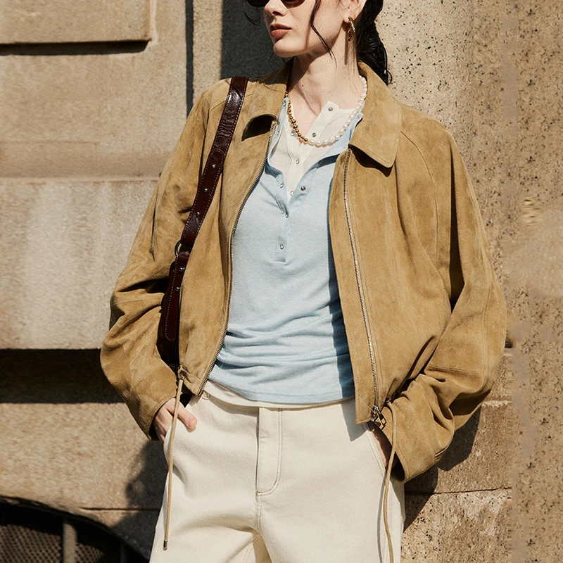 المرأة المستوردة سترة جلدية من جلد الغزال 2025 خريف جديد الخصر الرباط تصميم الإناث التلبيب الفاخرة ألف خط الماعز سترة معطف قصير