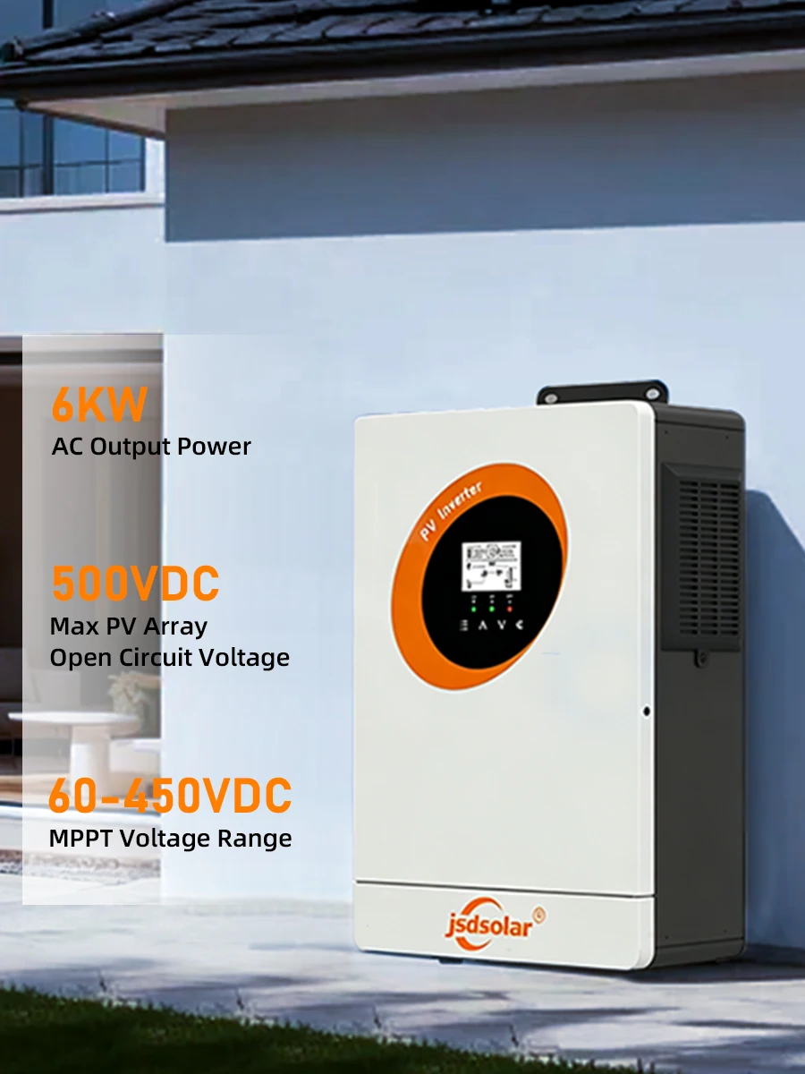 jsdsolar Solar-PV-Wechselrichter 6KW MPPT 4500W*2 Hybrid-Wechselrichter für Solarstromsysteme Energiespeicher PV-Eingang 60-450VDC Reine Sinuswelle Keine Batterien erforderlich Mit WIFI-Unterstützung