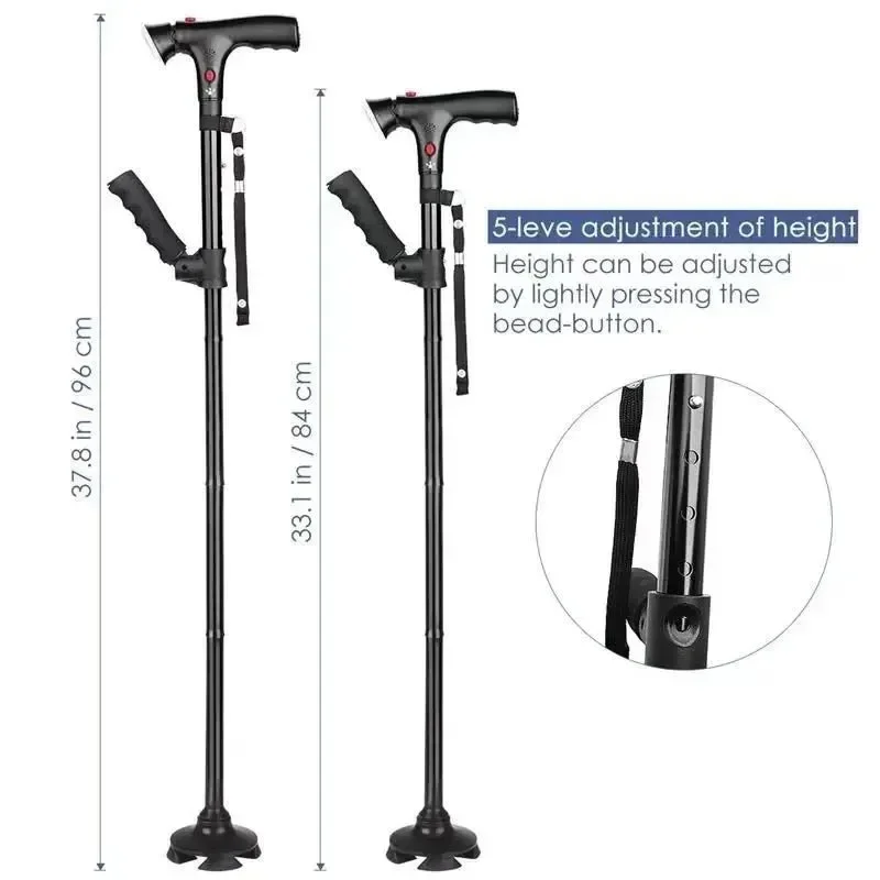 Height Adjustable Elderly Walking Stick with Voice Announcement LED Lights Lightweight Foldable Outdoor Walking and Camping Cane