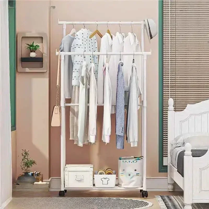 Movable Coat Rack Double Simple Rod Clothes Rack Floor-Standing Bedroom Telescopic Clothes Shelf Mobile Clothing Stand