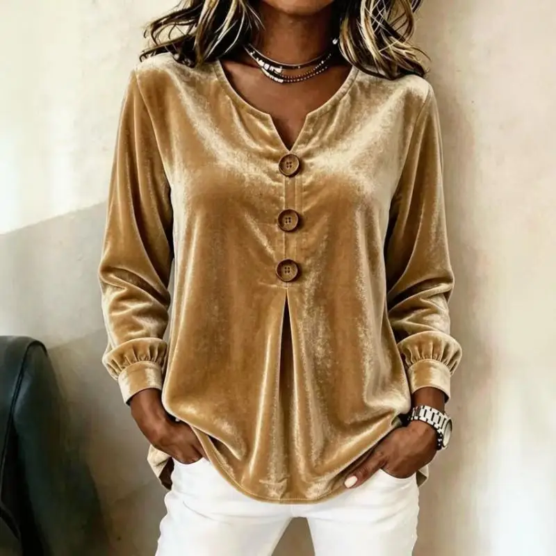 2026 Autumn Winter New Women European American Foreign Trade Fashion T-Shirt Elegant V-Neck Button Long Sleeve Gold Velvet Tops