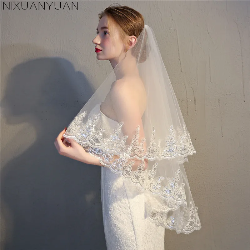 NIXUANYUAN 2023ราคาถูก2 Layears สีขาวงาช้างผ้าคลุมหน้าเจ้าสาวสั้น Tulle Veils งานแต่งงานอุปกรณ์เสริม