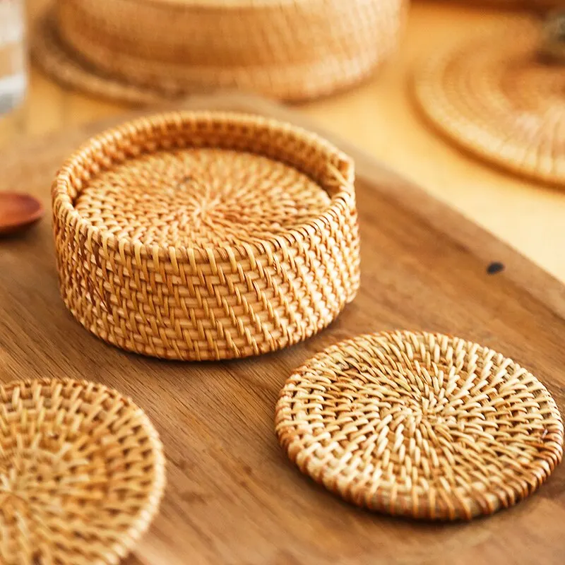 6Pcs Drink Coasters Set For Kungfu Tea Accessories Round Tableware Placemat Dish Mat Rattan Weave Cup Mat Pad Diameter 8Cm