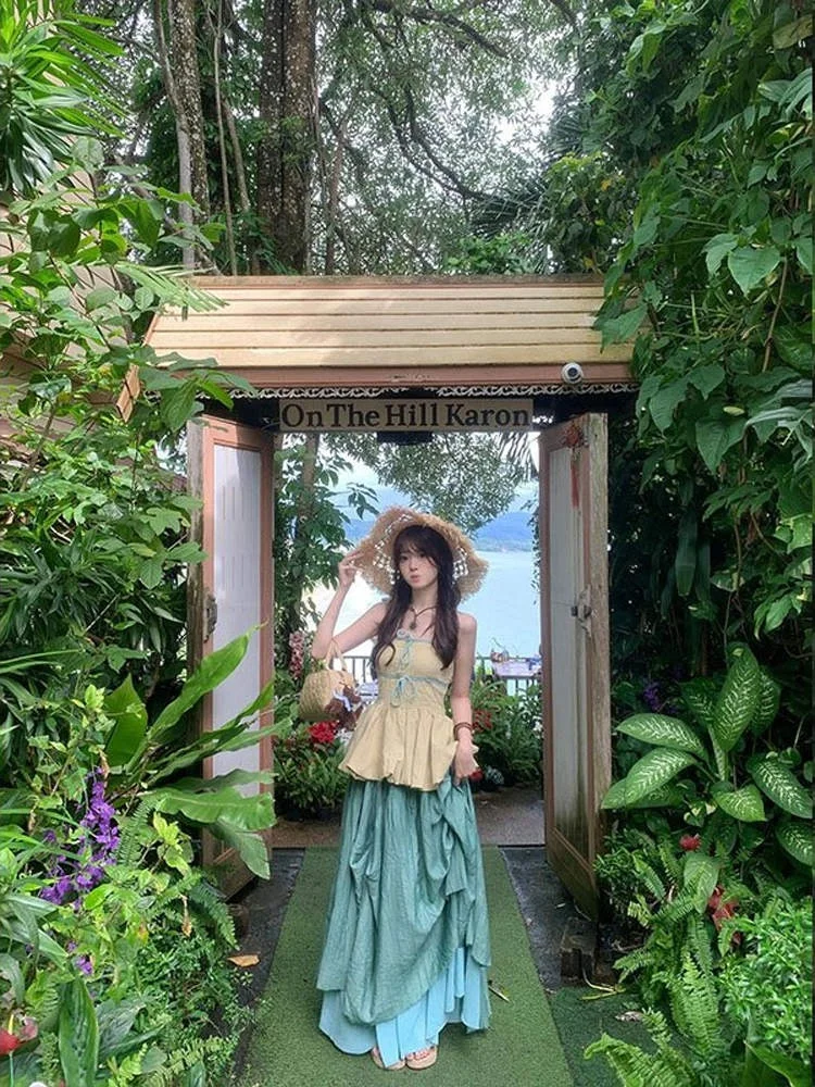 

Dopamine Color Block Knot Slim Fit Tube Top Skirt Set Summer Unique Design Berkeley Half Skirt Ensemble Women's Fas...