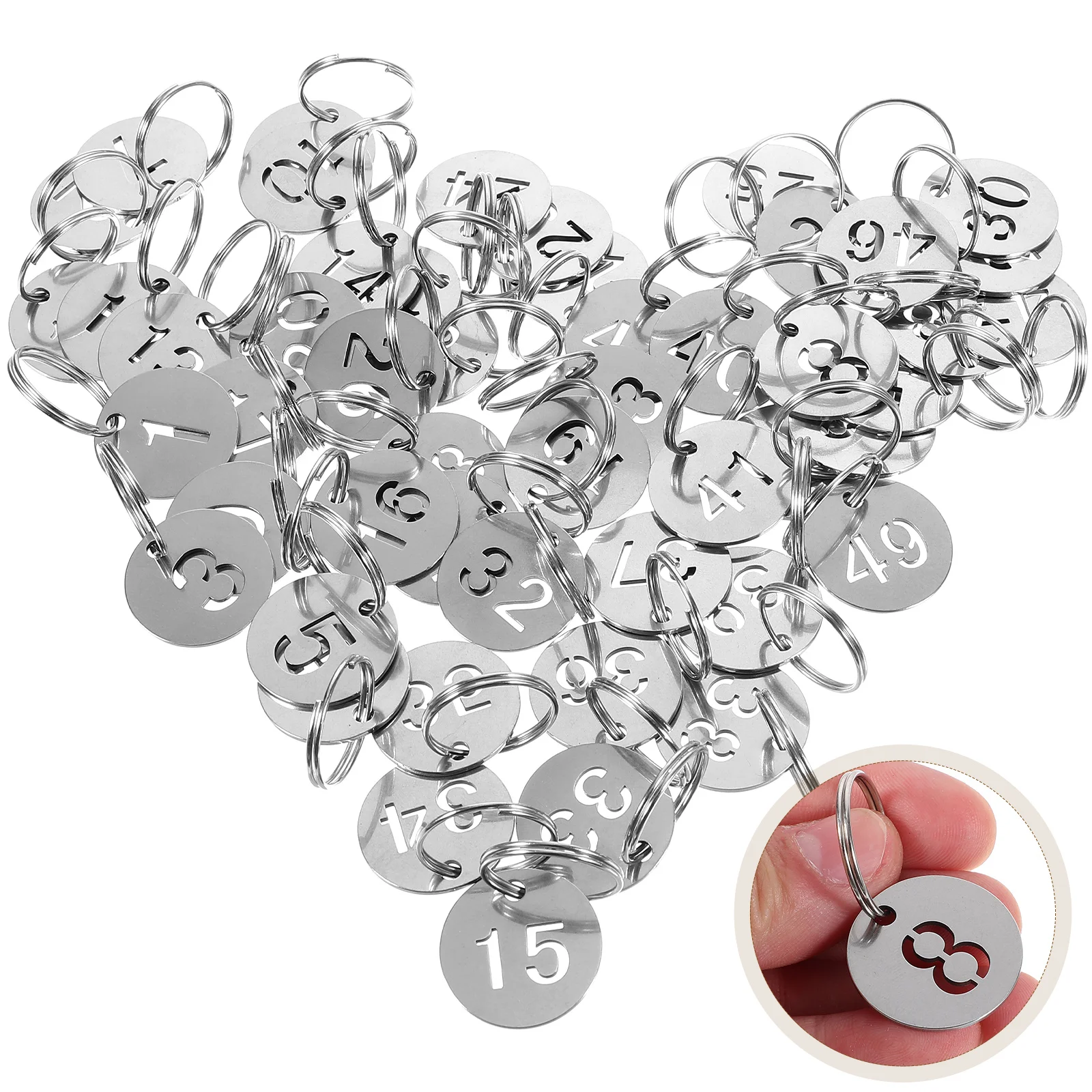 50 Pcs Stainless Steel Number Plate Key Labels with Rings Tags Round Hanging for Luggage Metal Numbered Keyring