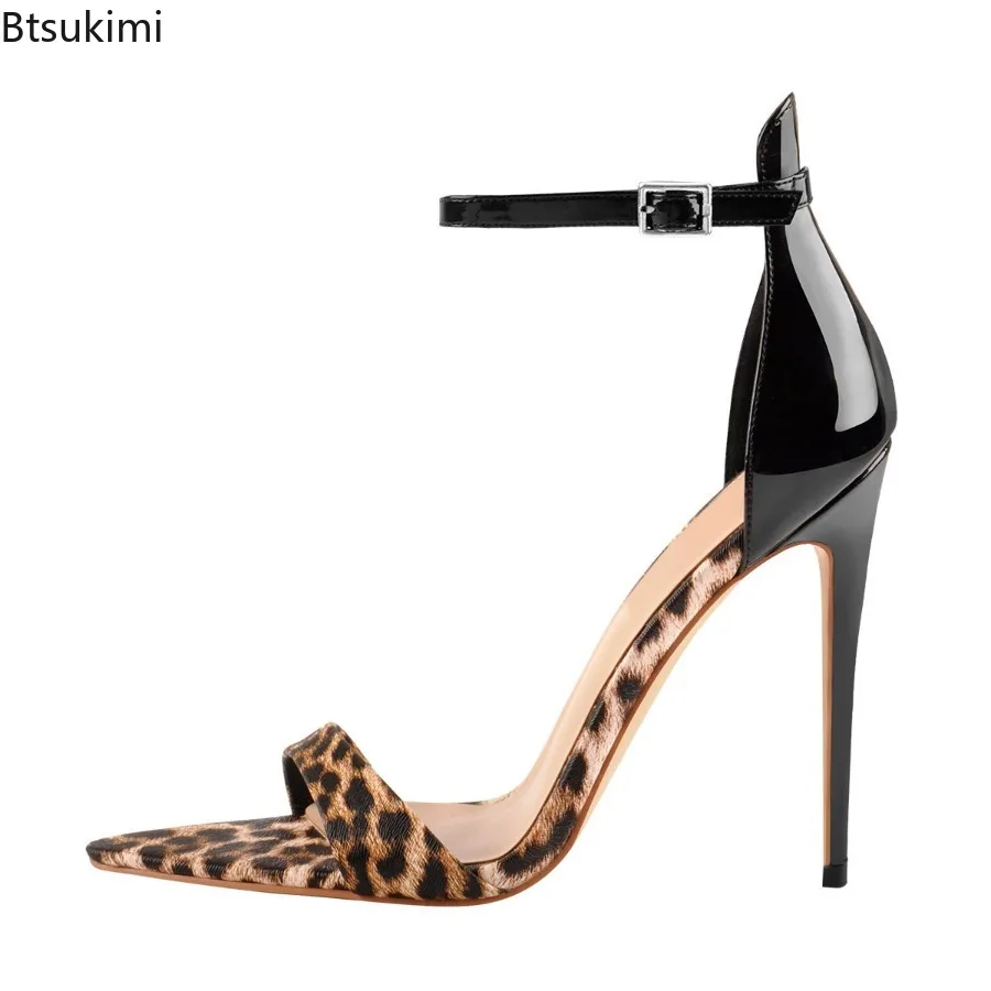 

2025 Summer Leopard Print Pointed Toe Exposed Toe Straight Strap Thin Heel Sandals Sexy Apricot Soled High Heels Fashion Shoes