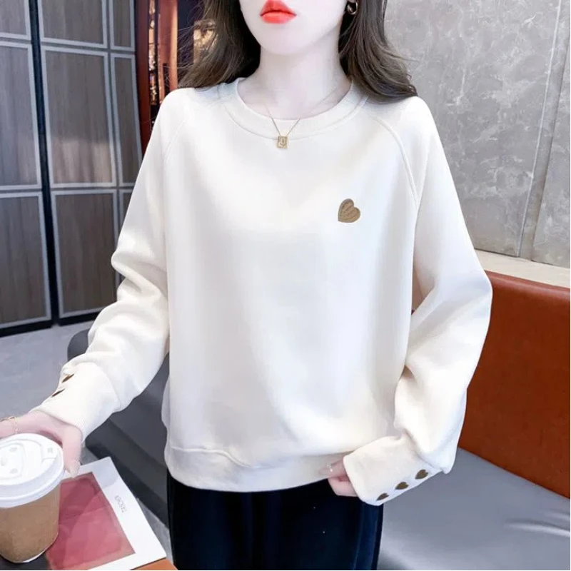 Simplicity Casual Autumn Winter New Women O-Neck Love Embroid Korean Fashion Trend Versatile Loose Long Sleeve Sweatshirts Tops