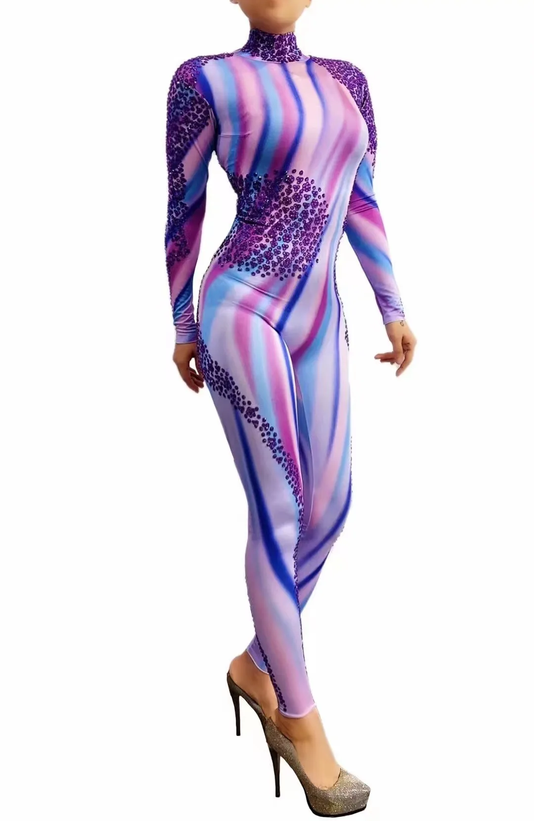 Seksowny świecący fioletowy kombinezon z kryształkami kobiety Party stroje urodzinowe taniec trykot legginsy występ pokaz sceniczny strój do tańca