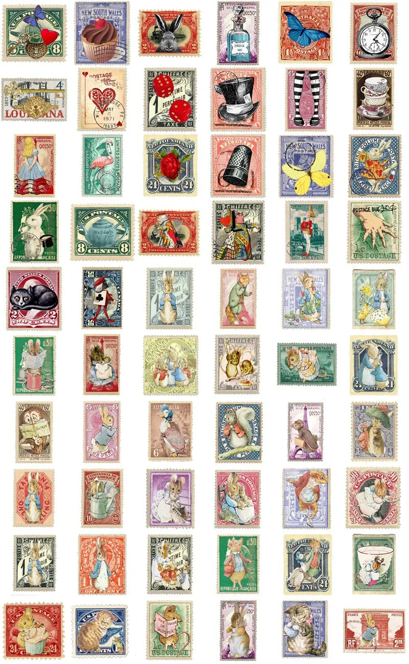 62 Pcs Alice Stamps Waterproof Stickers Retro Girls in Wonderland DIY Scrapbook Journal Phone Diary Album Happy Plan Decoration