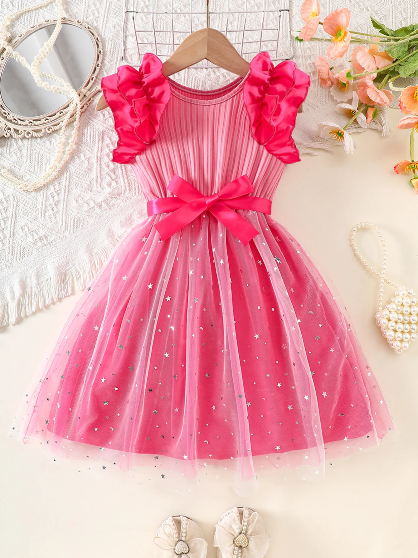 Mädchen Frühling und Sommer Lässiges Strickkleid mit Rundhalsausschnitt, Gerippten Flatterärmeln, Pailletten und Netzstoff für Strand, Party, Zusammenkunft, Geschenk