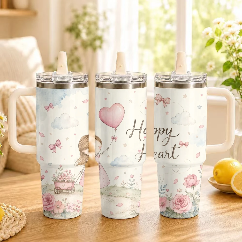 Country Balloon Girl Watercolor Vacuum Flasks 40oz Thermal Tumbler Handle Stainless Steel Insulated Water Portable Mug Cup