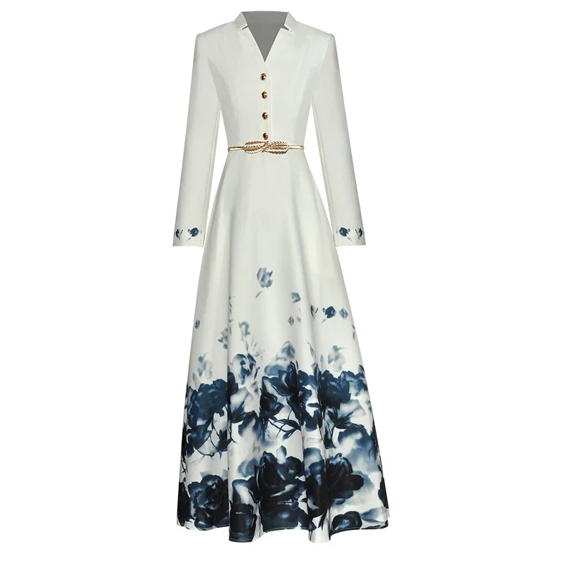 

2023 New Fashion Runway Winter Spring Women's V-neck Belted Floral Print Long Sleeve Wrist Casual Long Dresses