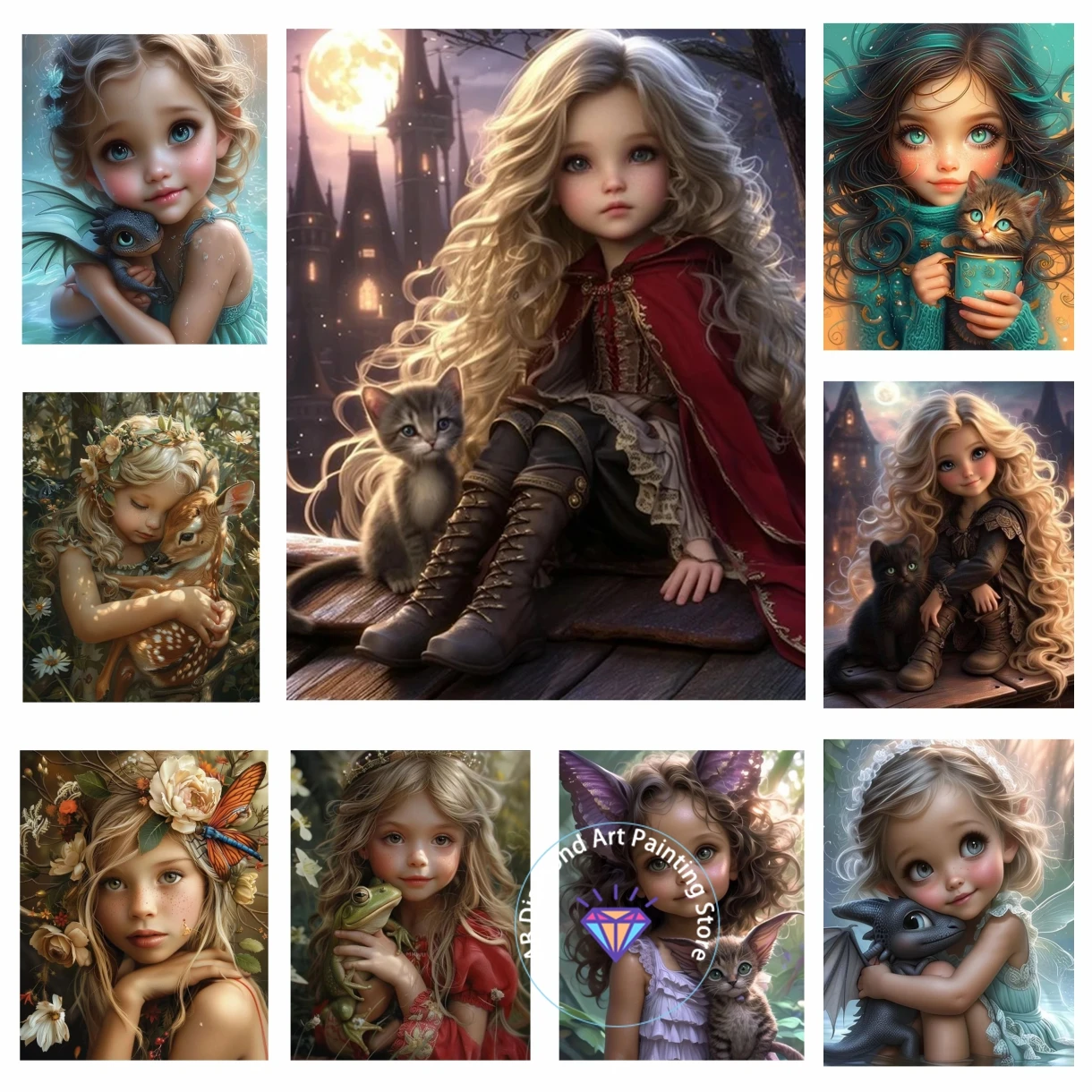 

AB Diamond Painting Kits Cross Stitch Girl and Dragon Baby Cat 5D DIY Diamond Mosaic Embroidery Elf Pictures Home Decor Gifts