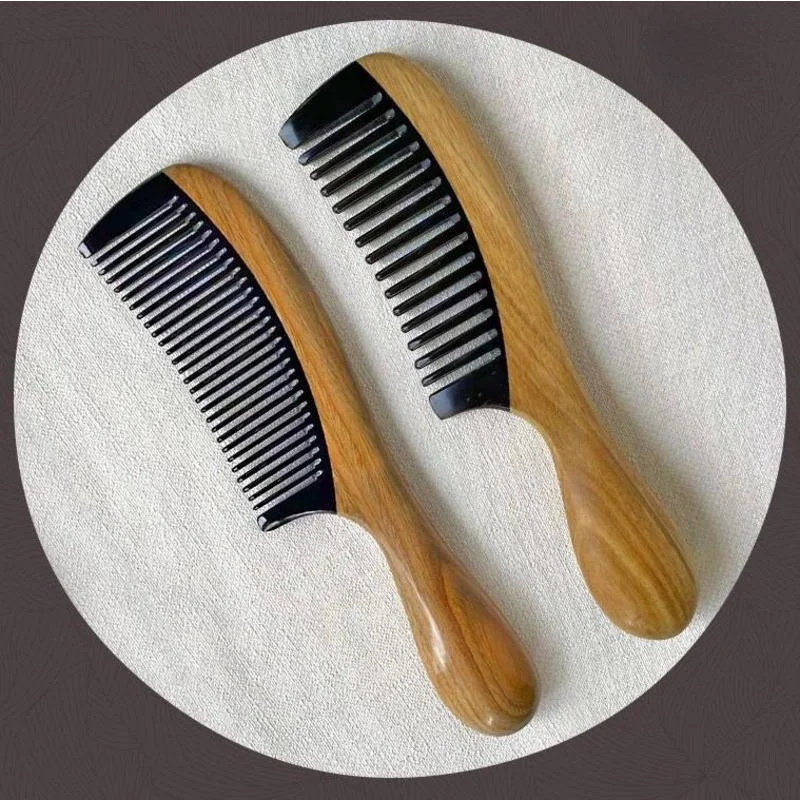 Handmade Wooded Comb Natural Green Sandalwood with Buffalo Horn Hair Combs Anti-Static Detangler