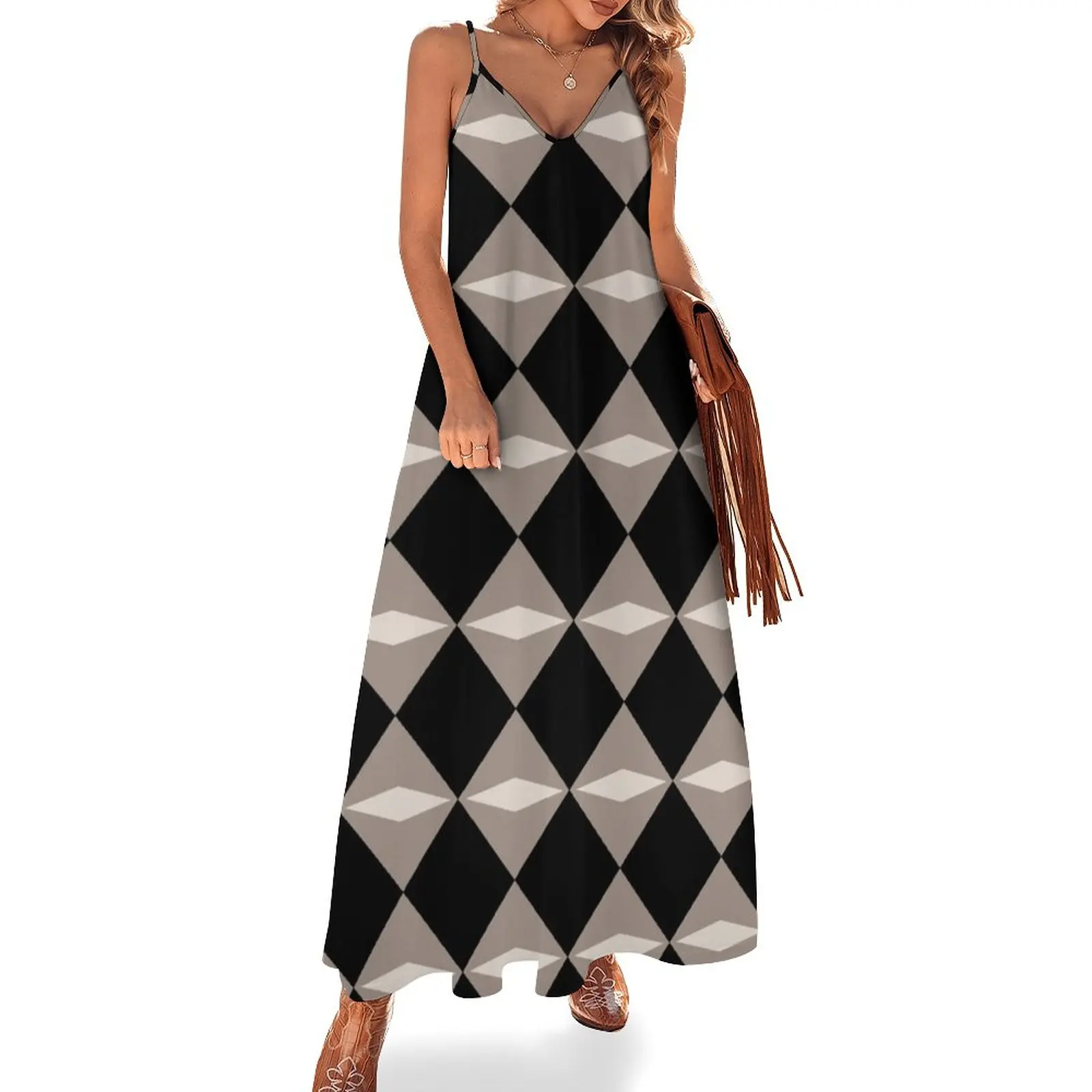 

Geometric Diamond Pattern 723 Black and Beige Sleeveless Dress women long dresses elegant dresses plus sizes