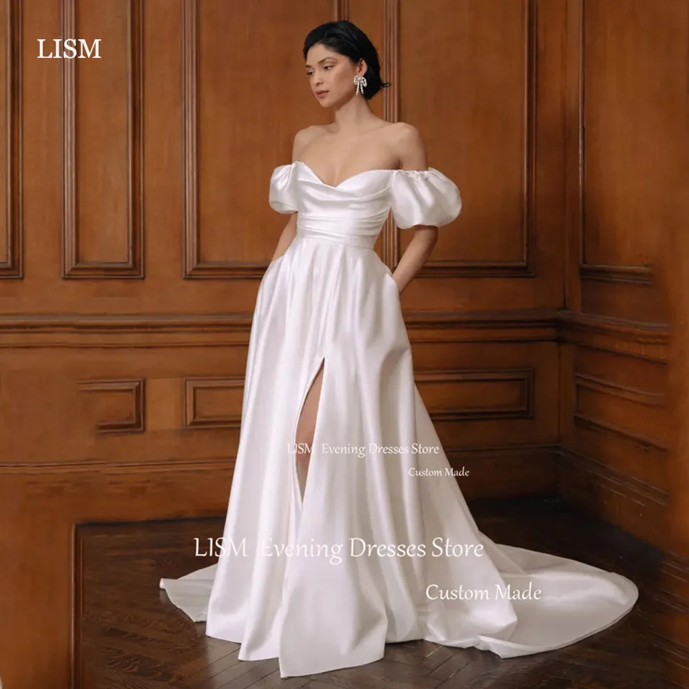 LISM Princess V Neck Satin Wedding Dress Customised Draped Short Puff Sleeve Strapless Vestidos De Novia High Split Bridal Gowns