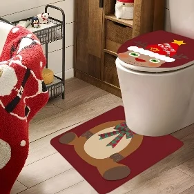 Christmas Bathroom Floor Mat Set Winter Snow Snowman Vintage Christmas Theme Bathtub Toilet Decoration