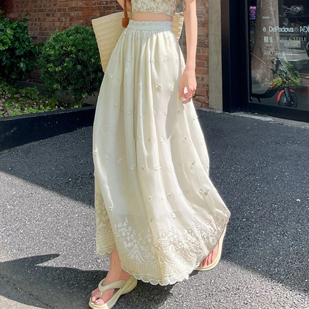 กางเกงลำลองขาบานเอวสูงผ้าบางขอบระบายแต่งลายปักสีขาวเอวยางยืดแบบบาง