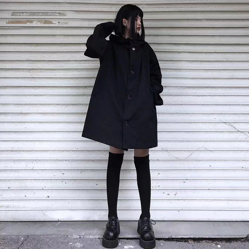 Imagem -05 - Mexzt Harajuku Preto Jaqueta Mulheres Escuro Acadêmico Manga Comprida Solta com Capuz Midi Outwear bf Streetwear Oversized Casual Capes Cabolsas