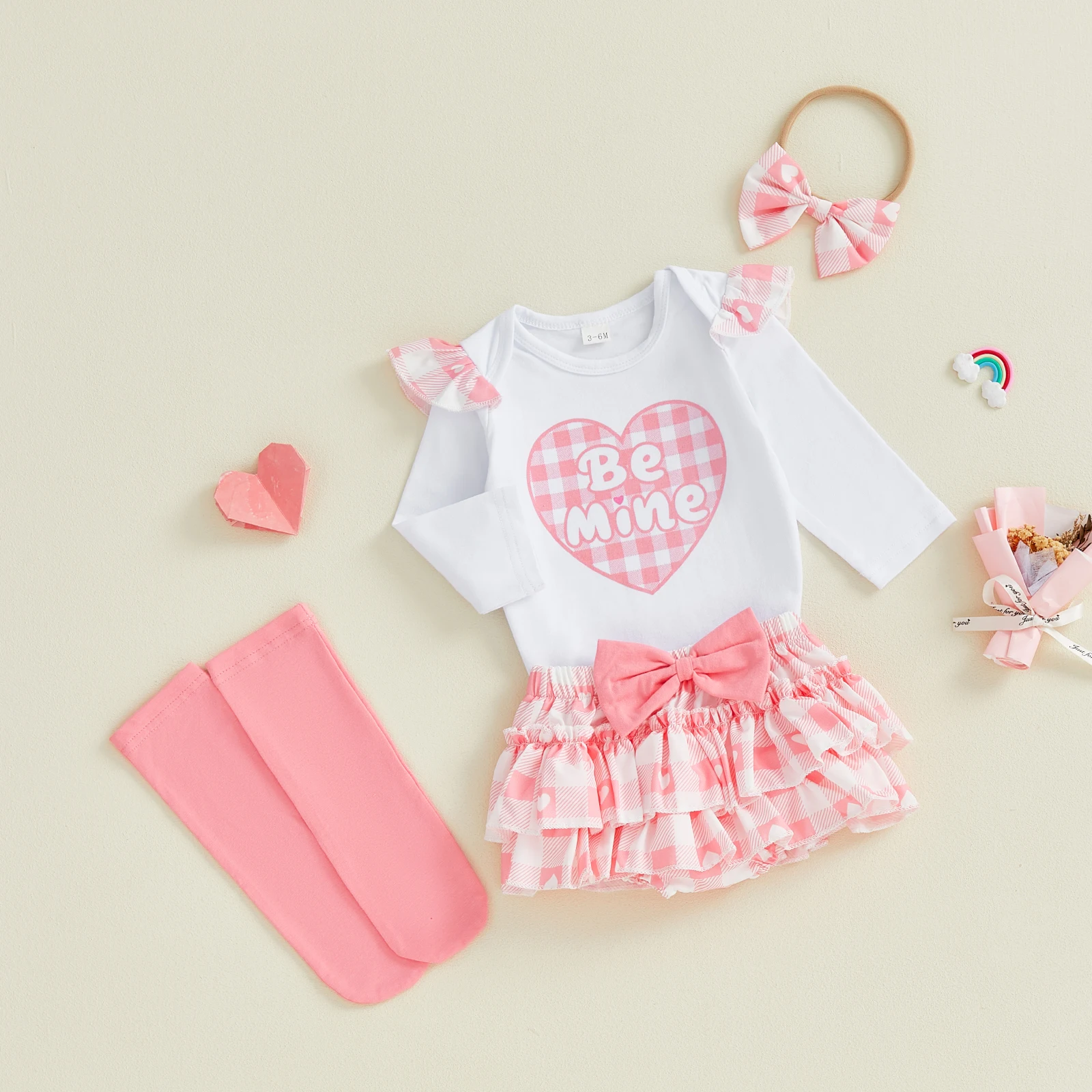 Tregren Infant Baby Girl Valentines Outfit Print Long Sleeve Romper Bow Layered Ruffled Skirt Bow Headband Stockings 4Pcs Sets