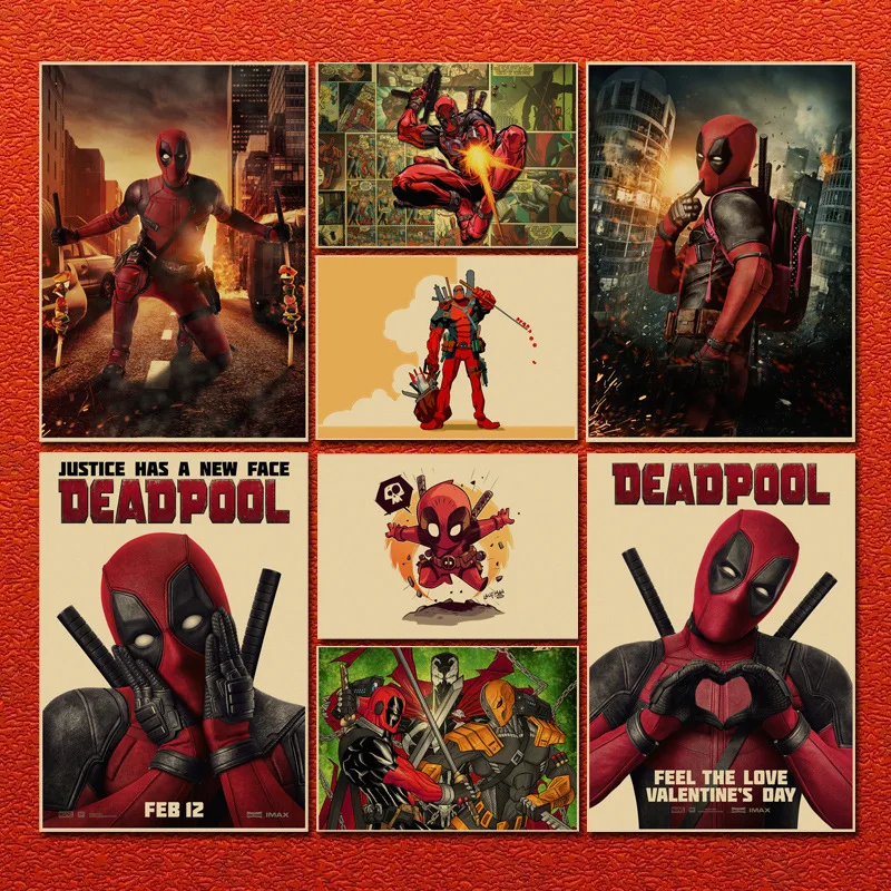 

Hot Selling Marvel Deadpool Creative Movie Comics Kraft Paper Poster Dorm Bedroom Cafe Decorative Photo Frame Wall Stickers