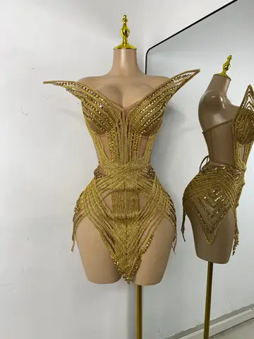 Women Sexy Sprakly Strapless Mesh See Through Mini Birthday Dress Evening Party Nightclub Performance Costume Stage Wear