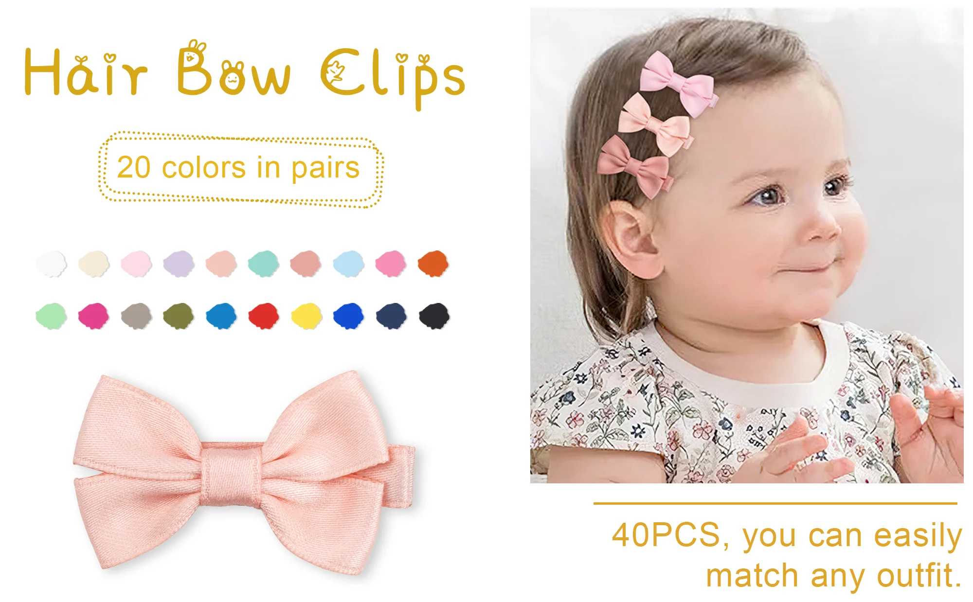 40/50/58pcs Pcs 2Inch Baby Hair Bows Clips Fully Lined No Slip for Fine Hair Baby Girls Infants Toddlers Kids Hair Barrettes