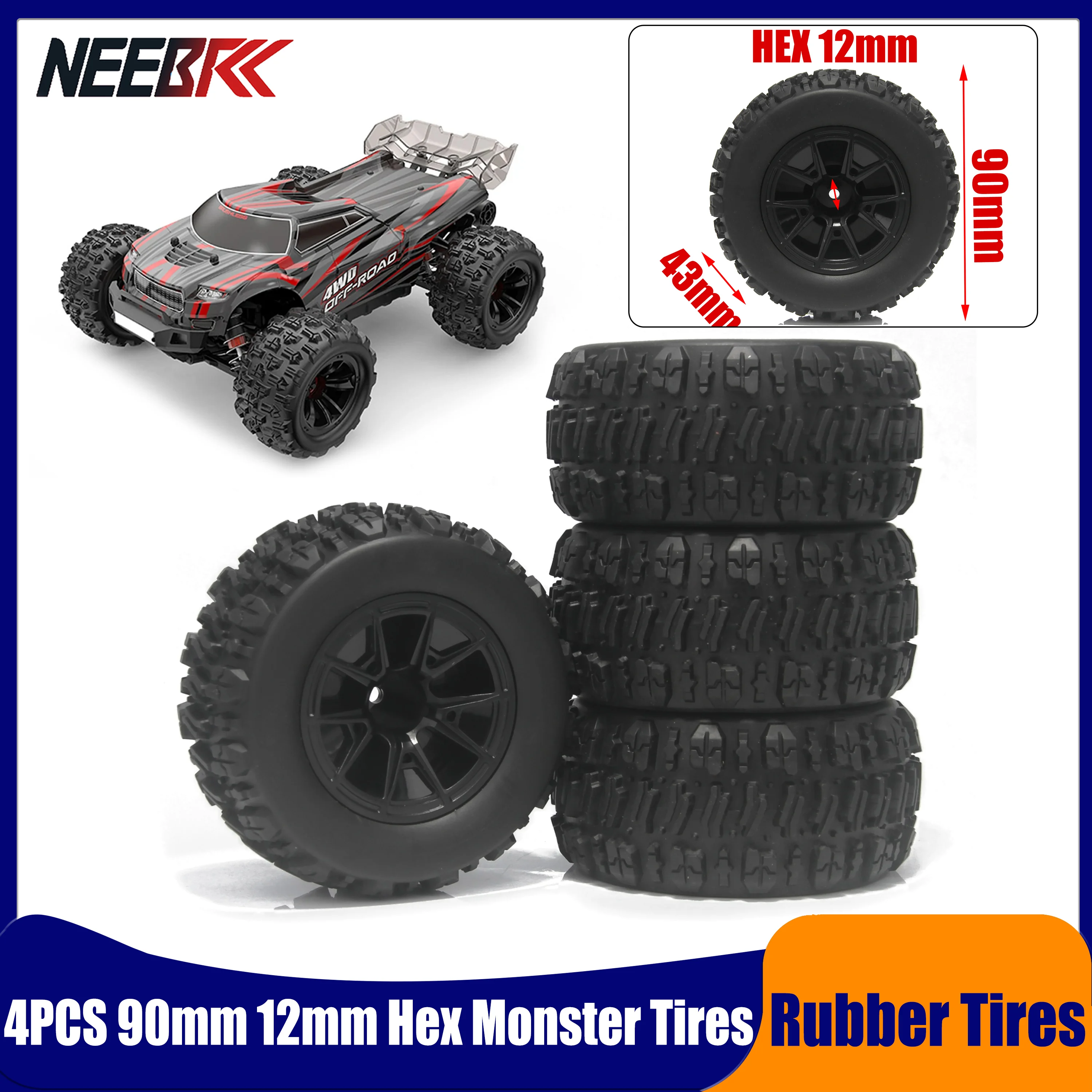 

4PCS NEEBRC 90mm 12mm Hex Rubber Tires Wheels for 1/12 1/14 RC Monster Car Truck MJX/Hyper Go 14209 14210 WLTOYS 144001 144010