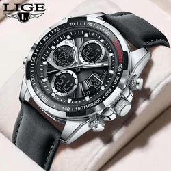 LIGE New Leather Strap Man Watch Fashion Dual Display Business Mens Quartz Watch Waterproof Chronograph Digital Watches For Men