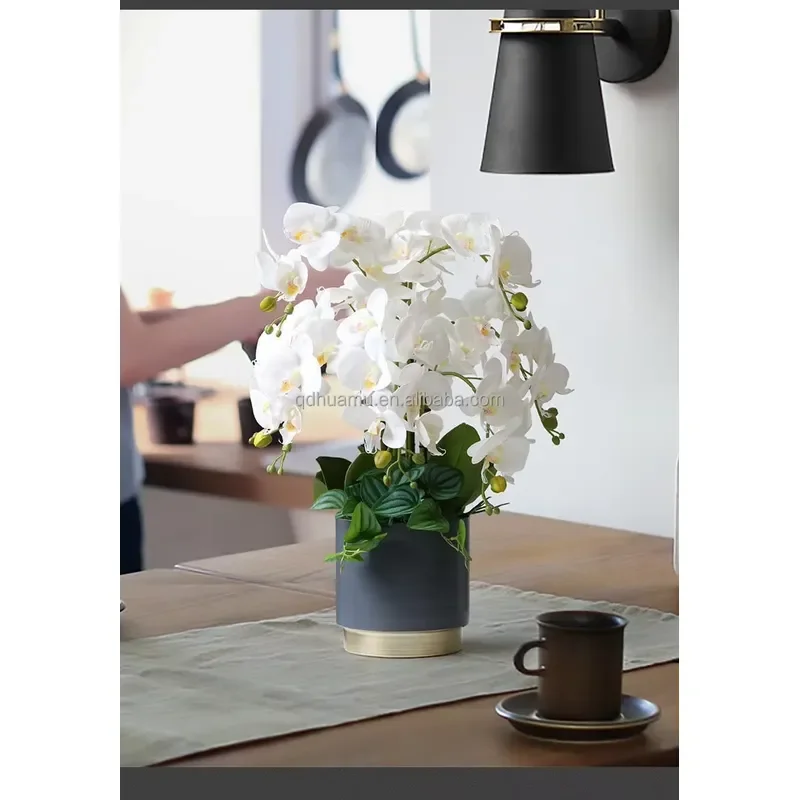 Modern Artificial Orchid in Pot Durable Fake Flower Arrangement for Home Decor Living Room Centerpiece Elegant Faux Plant