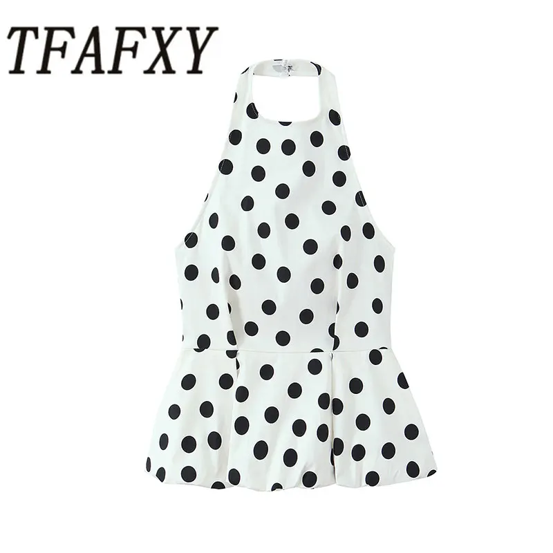 TFAFXY 2026 Sommer Damen Polka Dot Tunika Camisole Neckholder Ärmellos Rückenfrei Slim Camis Damenrock Saum Tanktops Y2K