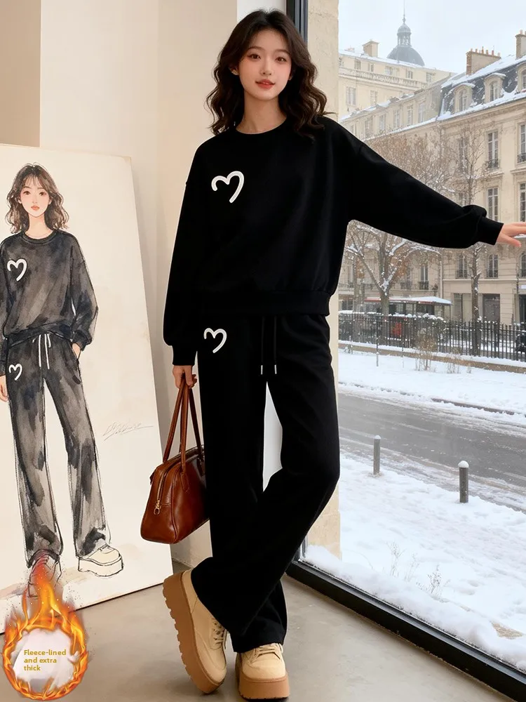 Pantaloni a gamba larga a vita alta da donna Set di felpe Fce foderato Thi Abbigliamento sportivo casual Abito a due pezzi Calore confortevole