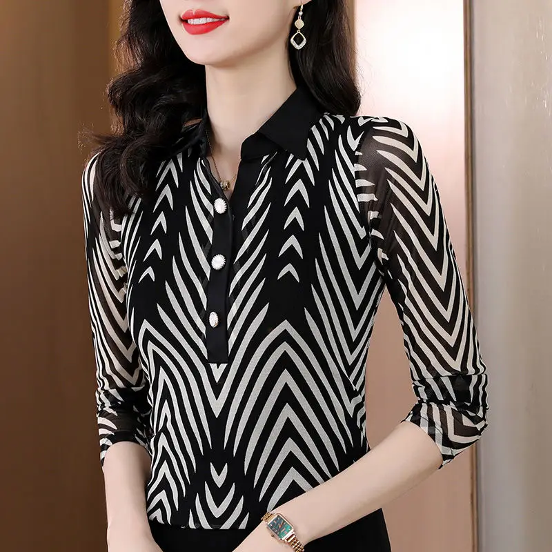 Women Korean Striped Print Lapel Slim Elegant Blouses Office Lady Business Casual Shirts Long Sleeve Tops Blusa Mujer Moda 2023