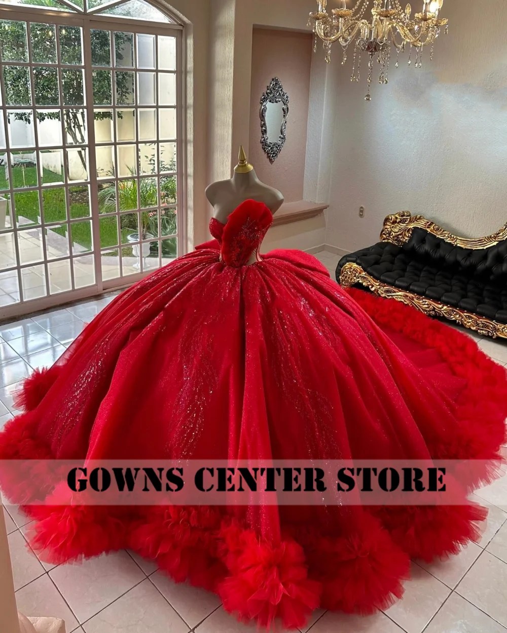 ชุดเดรสงาน Quinceanera สีแดงระยิบระยับ พร้อมโบว์ ลูกไม้สีทอง สำหรับงานวันเกิด สไตล์เจ้าหญิงหวานๆ แบบ Vestidos De 15 Anos สามารถสั่งตัดได้