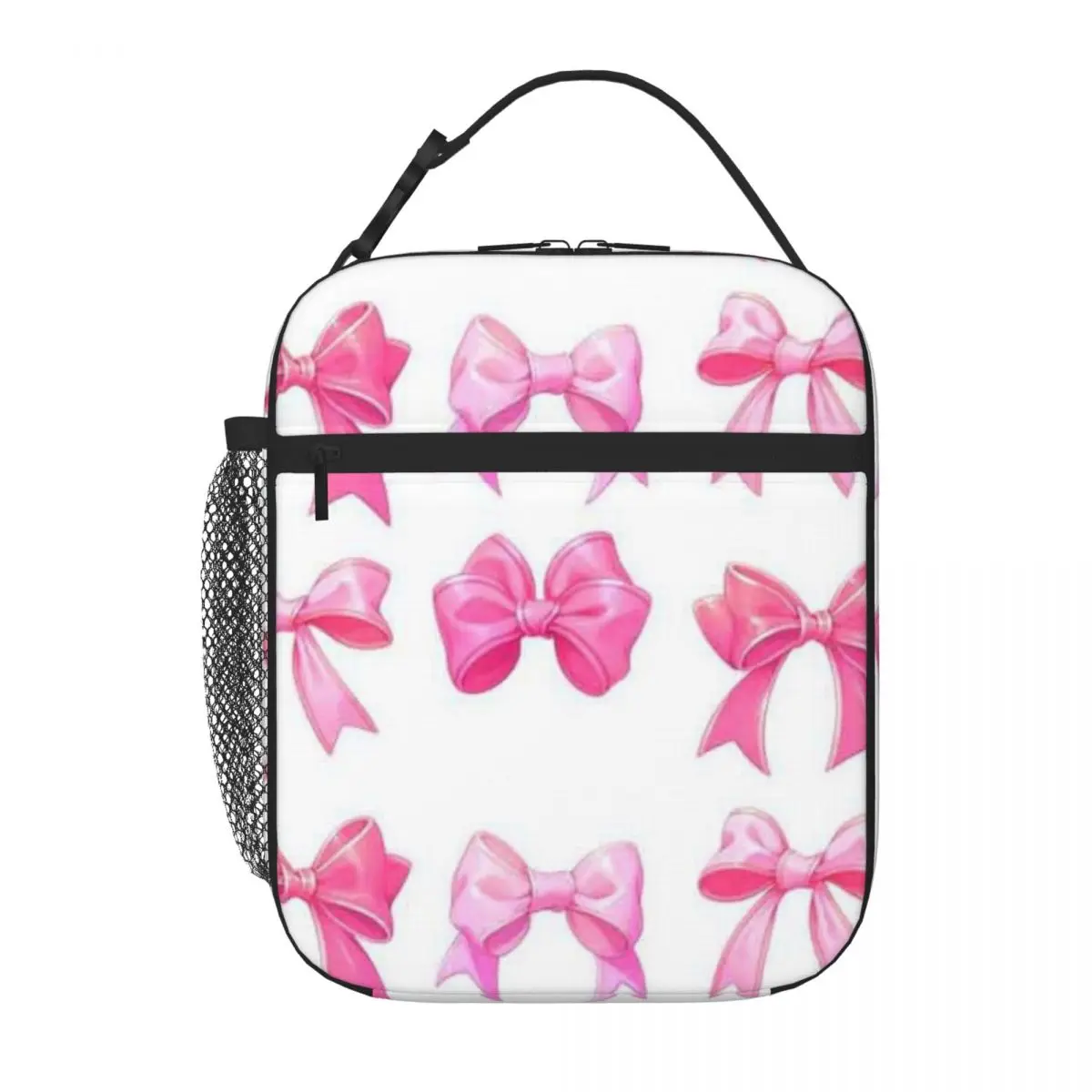 Bestselling Cute Cartoon Pink Bow Ribbon Illustration Shoulder Style Insulated Food Bag Hiking Snack Neoprene Lunch Bag