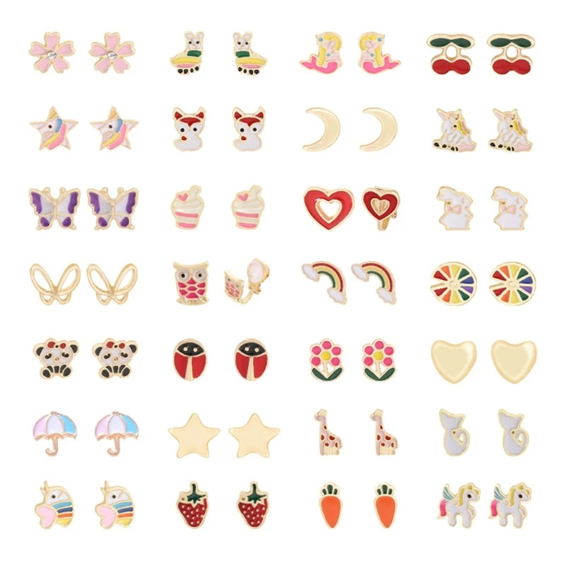 

28 Pairs Clip-on Earrings Animals Heart Flowers Fruit Earrings Ladies Mixed Color Painless Non-perforated Earrings Set