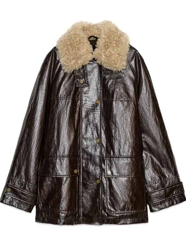 Faionable Casual Artificial Fur Collar Jaet Women's Leather Coat New Autumn Winter Zipper Straight Tube Long Sve Coat