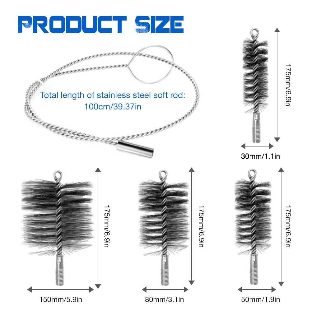 Stainless Chimney Brush, 30/50/80/150mm Pipe Cleaning Brush 1m Flexible Extension Pole Pipe Cleaning Tool For Remove Soot Debris