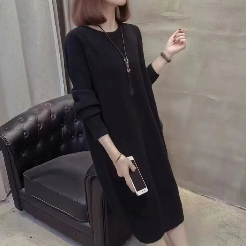 Ladies Korean Fashion Solid Color O-neck Long Sleeve Knitted Dress Autumn Winter All-match Elegant Dress Women Clothes Dresses
