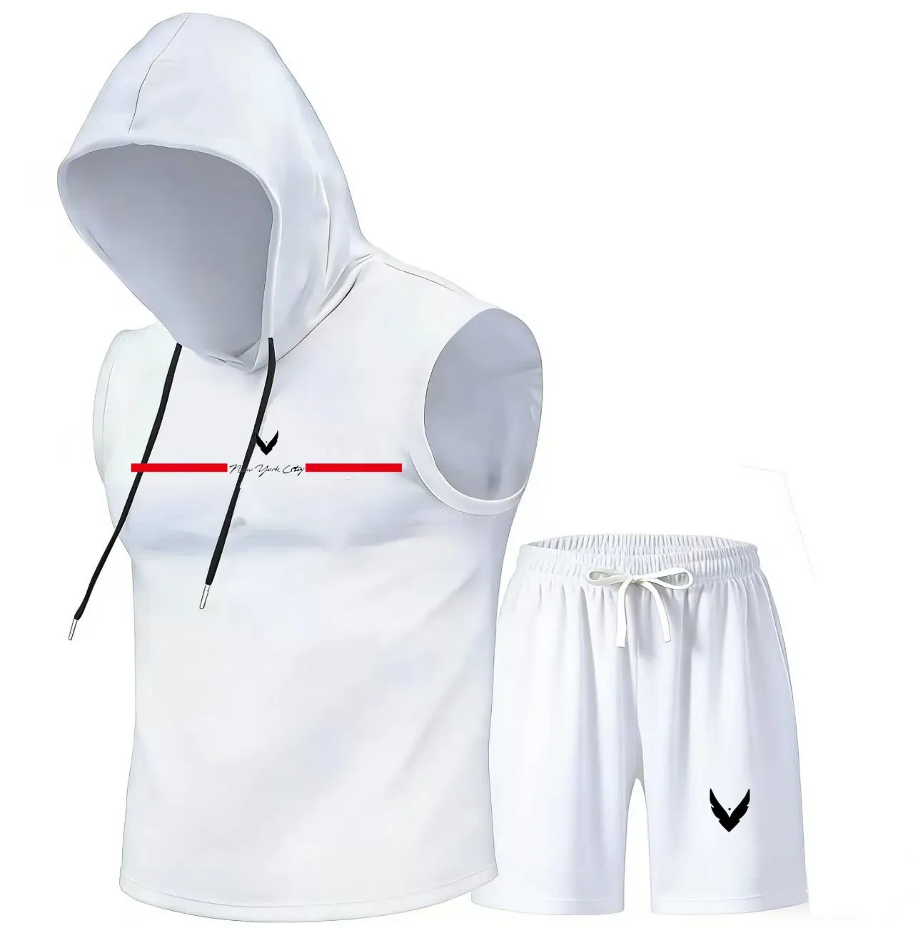 Men's hooded vest set sleeveless hooded T-shirt vest and shorts set summer sports gym training outdoor sports and leisure