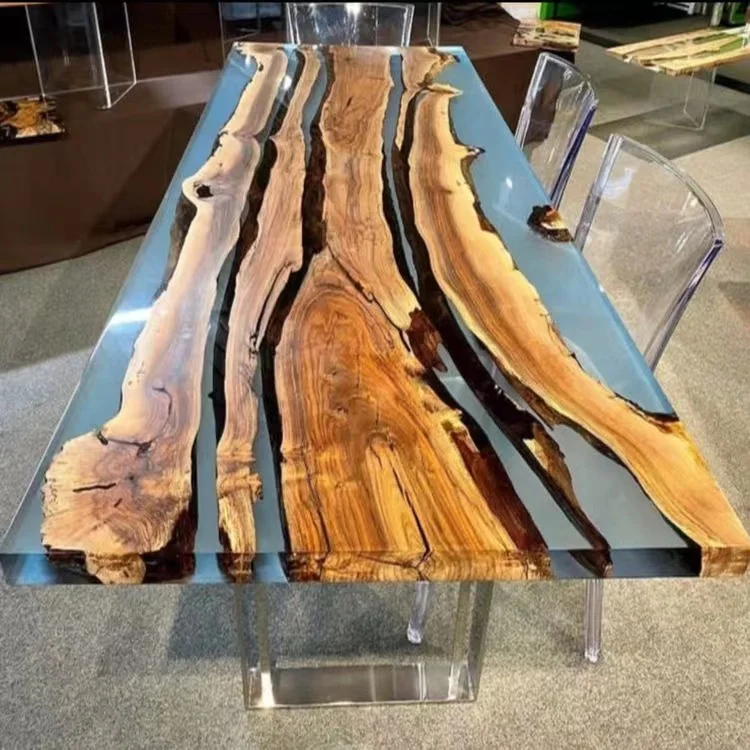 More Design Luxury Factory Direct Cafe Coffee Kitchen Restaurant Solid Walnut Wood River Epoxy Resin Slab Dining Table