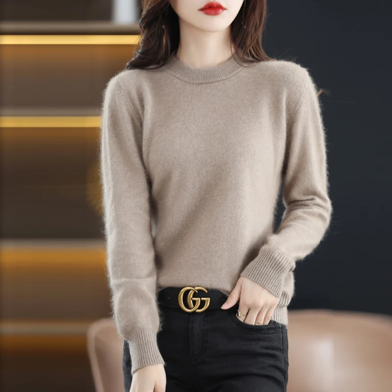 Round Neck Pure Mink Cashmere Sweater Women\'s Long Sleeve Top Autumn and Winter Warm Loose Knit Pullover Solid Color Base Top