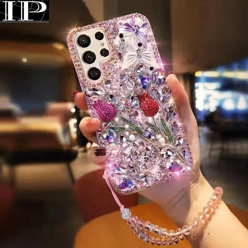 Tulip Flowers Lanyard Phone Case For OPPO Reno 8 Lite 7lite 5G A78 A98 A17 Handmade Diamond Covers Rhinestone Telefon Funda