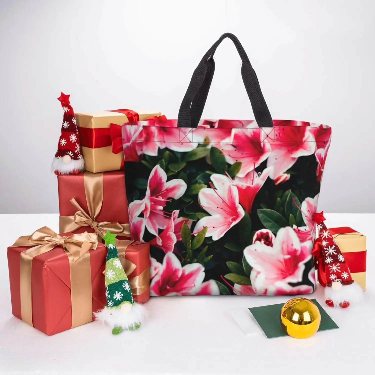 Beauty Pink Floral Flowers Print Tote Bag, Reusable Shopping Bag, Large Capacity Zipper Single Shoulder Convenience Bag