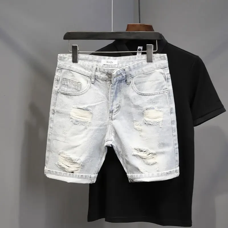 

High Quality New Summer Korean Luxury Clothing Design Men's Casual Denim Shorts Distressed Cat Whisker Streetwear Short Pants