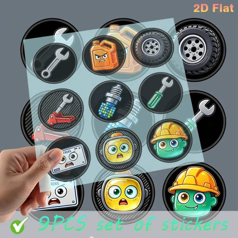 9Pcs 2D Flat Cartoon Auto Repair Tool Waterproof Round Stickers Tire Engine Oil Wrench Decals Holiday Gift For Car Laptop